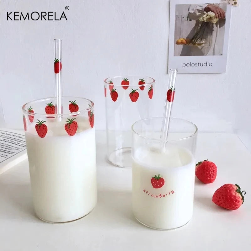 KEMORELA 300ml Cute Glass Cup – Strawberry Orange Design Glass Drinkware Cup Axl