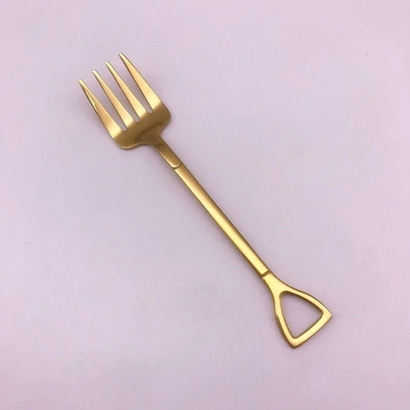 Shovel Shape Stainless Steel Dessert Spoon & Fruit Fork Novelty Flatware Axl fork-Gold