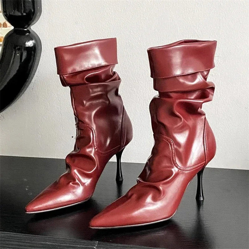 Women's Pleated Ankle Boots Pointed Toe High Heel Side Zip High Heel Ankle Boots Axl