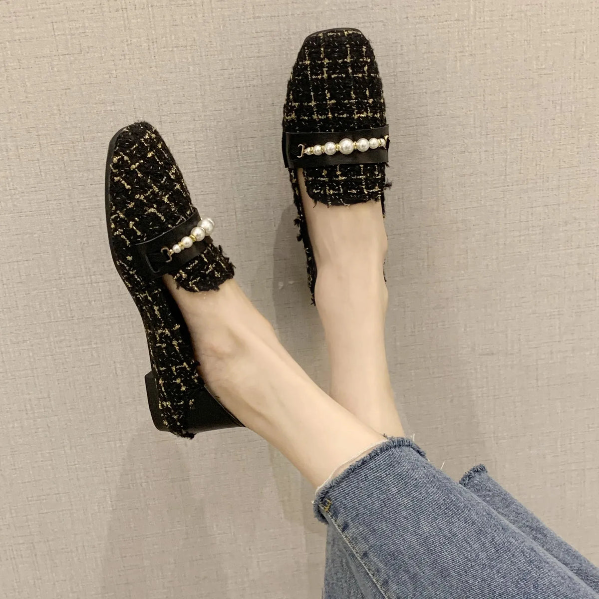 Women's Vintage Tweed Loafers | Pearl Chain Square Toe Flats Women's Flat Loafers Axl