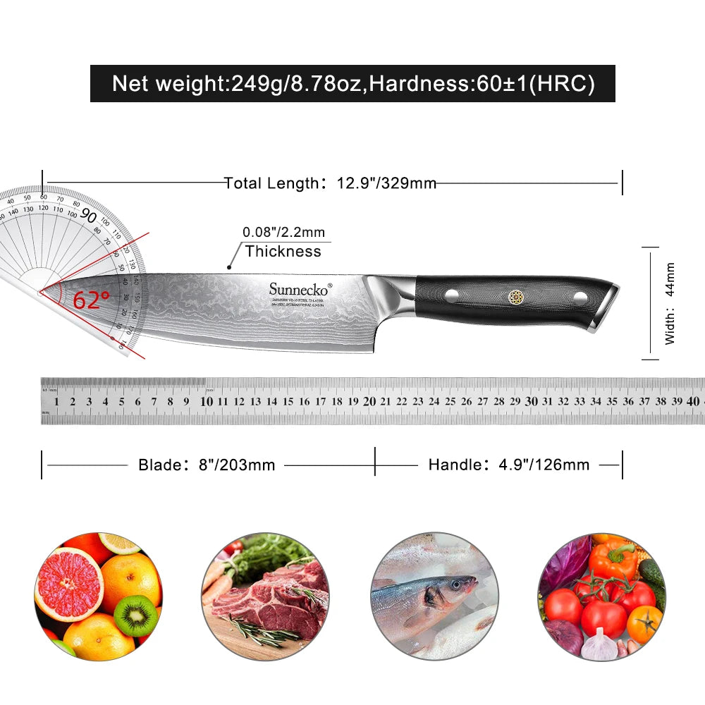 Sunnecko 8" Damascus Chef's Knife – 73 Layer VG10 G10 Handle Damascus Chef's Knife Axl