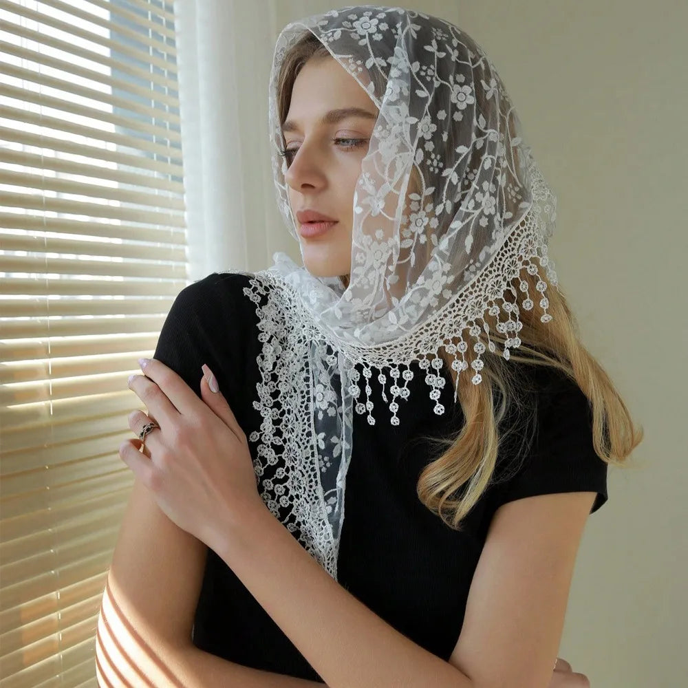 Floral Lace Triangle Scarf – Embroidered Veil Headband for Women Lace Head Scarf Axl White XXS 3-6M