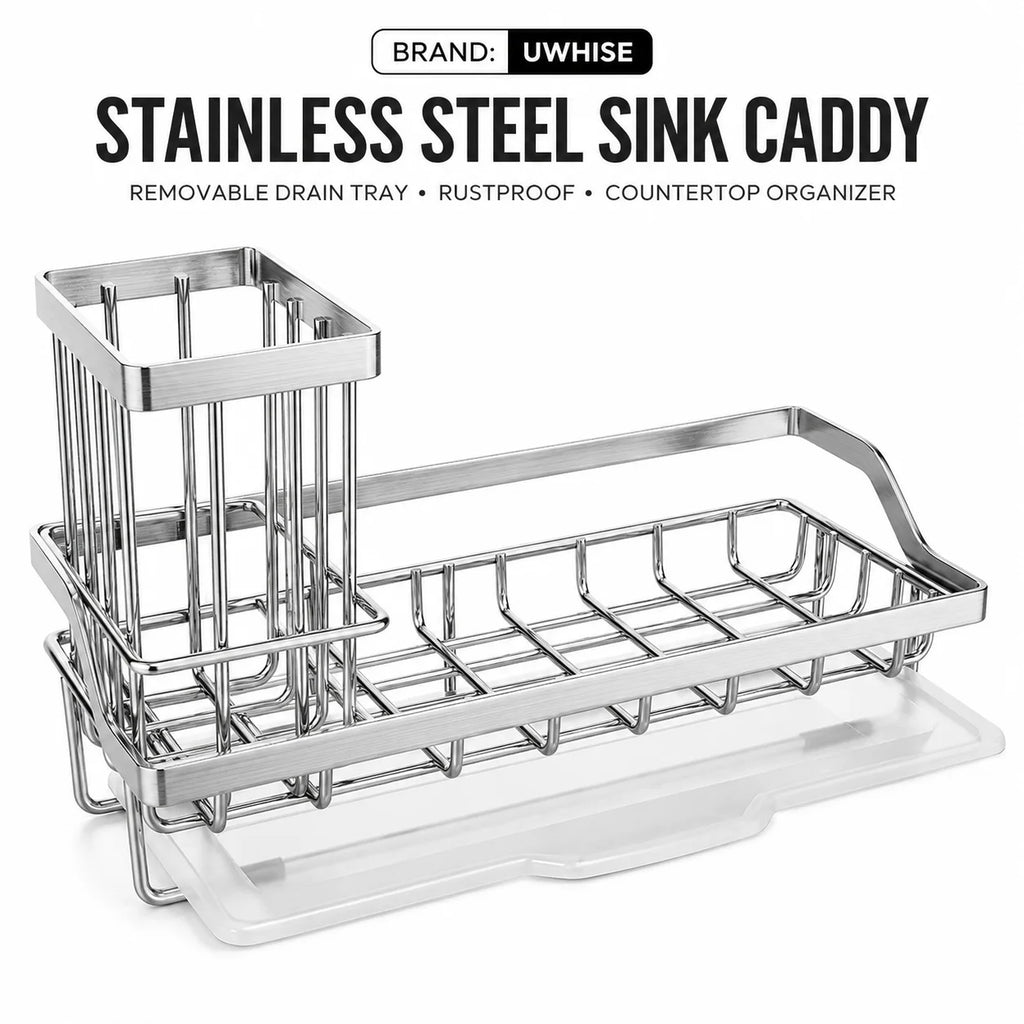 Stainless Steel Sink Caddy & Sponge Holder with Drain Tray Sink Caddy Organizer Axl