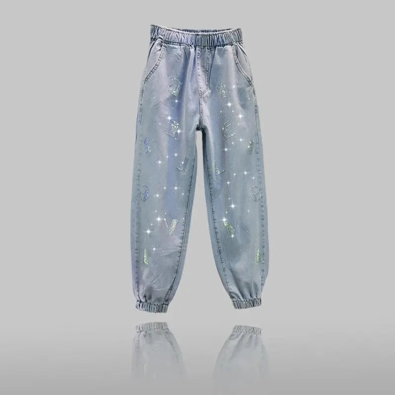 Women's Rhinestone Loose Denim Jeans Light Blue Plus Size S-5XL Women's Denim Jeans Axl