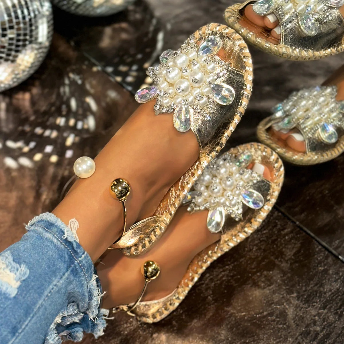 Women's Pearl Crystal Flower Flat Sandals – Bling Summer Slippers Flat Sandals Axl gold 36