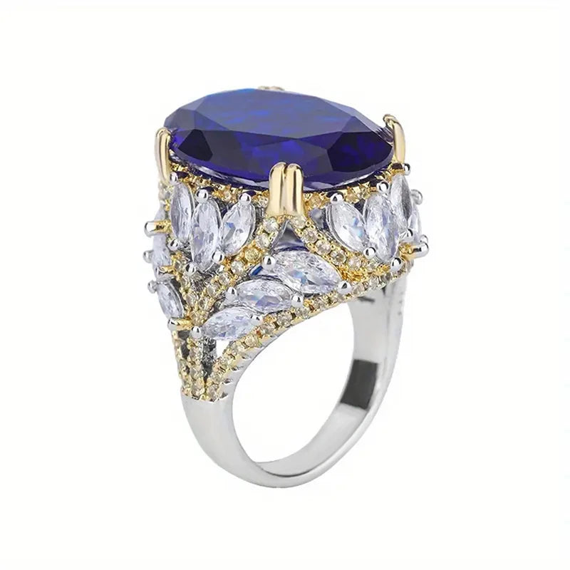 Huitan Oval Blue CZ Two-Tone Women's Wedding Band Ring CZ Wedding Ring Axl