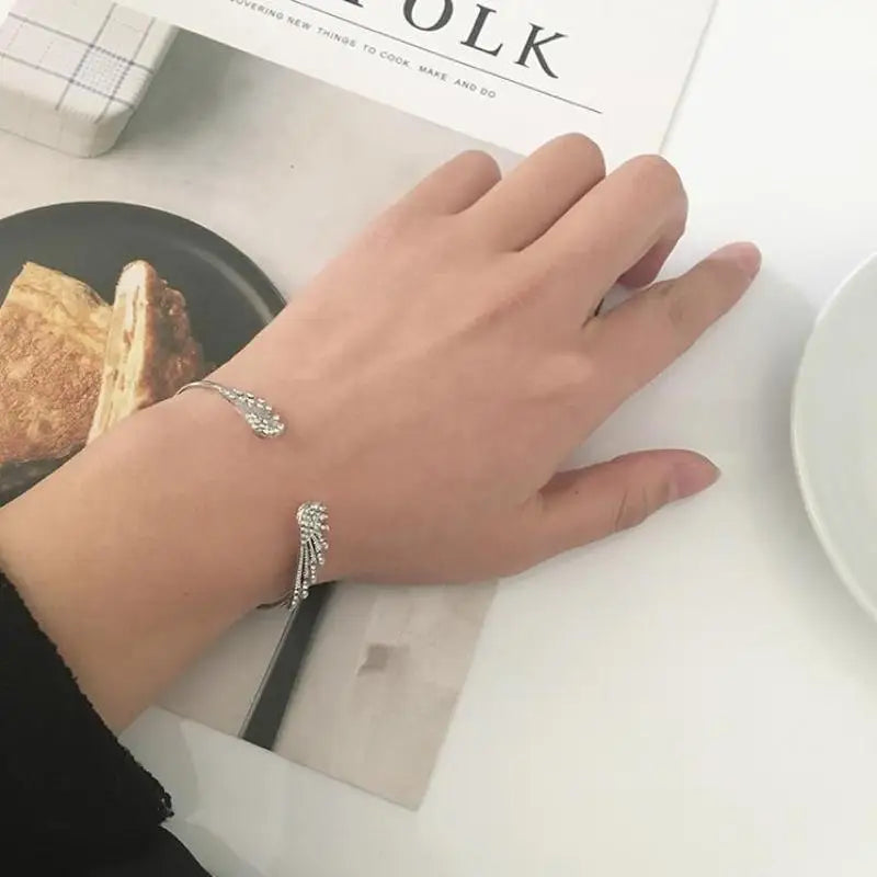 Angel Wings Silver Open Bangle Bracelet – Adjustable Women's Cuff Bangle Bracelet Axl