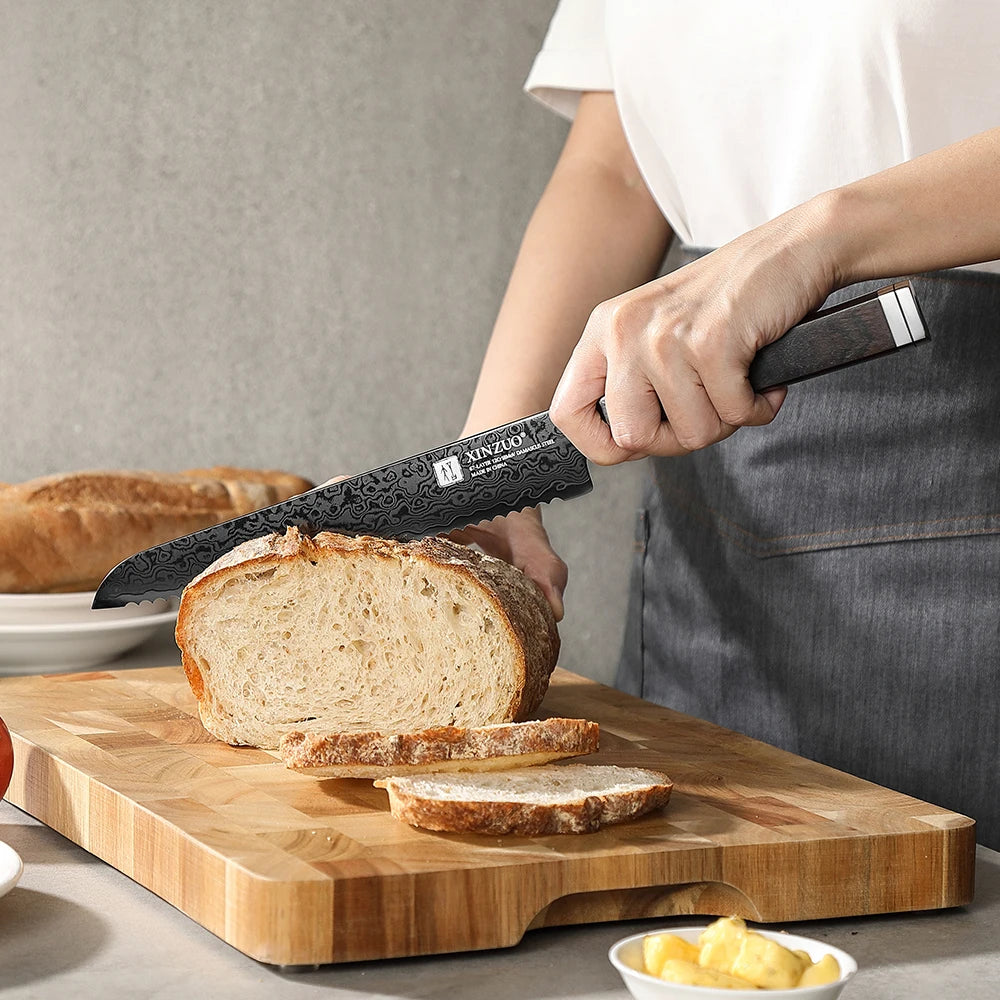 XINZUO Ji 8.46" 67-Layer Damascus Steel Bread Knife | Ebony Handle Damascus Bread Knife Axl