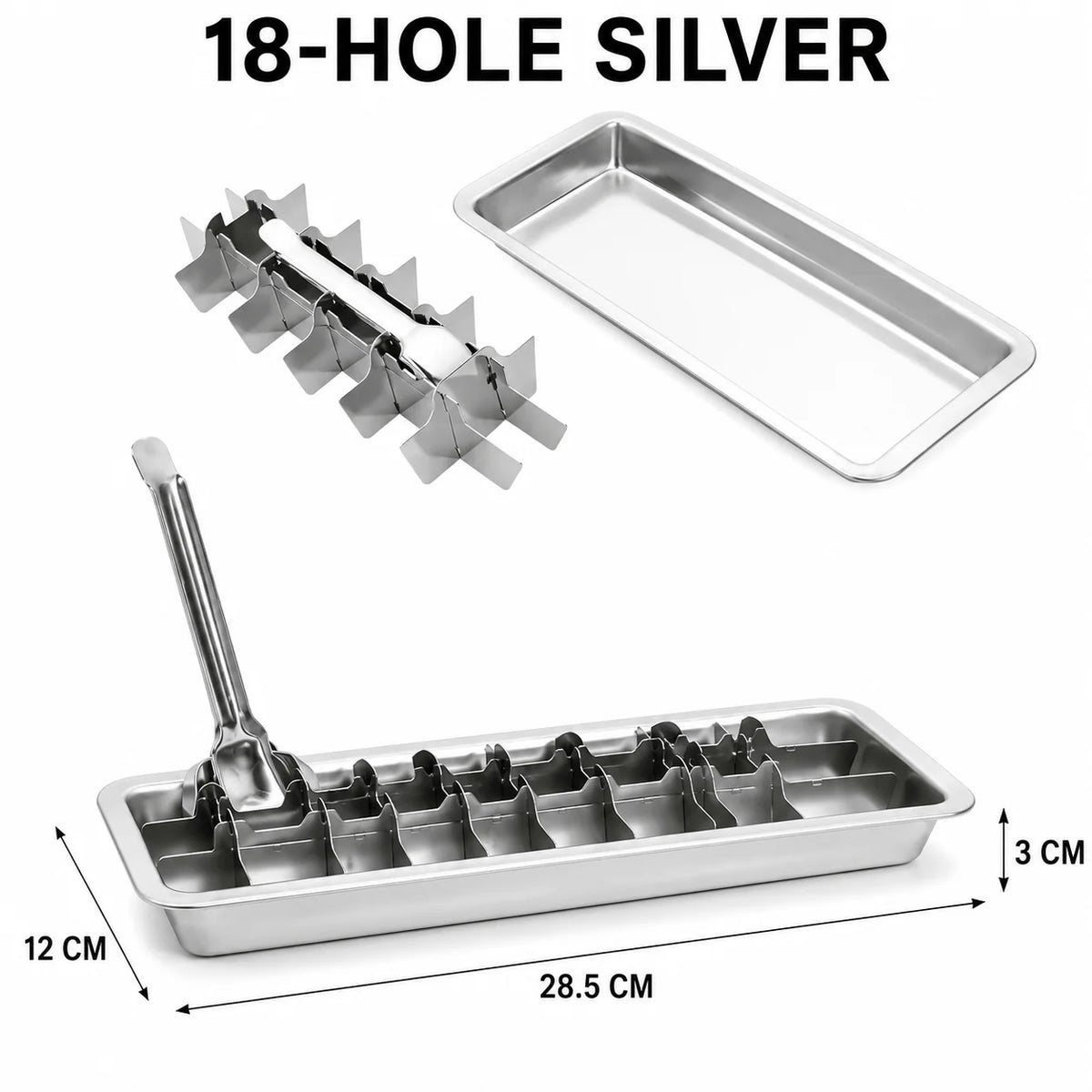 Stainless Steel Ice Cube Tray with Lever Release – 6 & 18 Cavity Ice Cube Tray Axl 18-Hole Silver