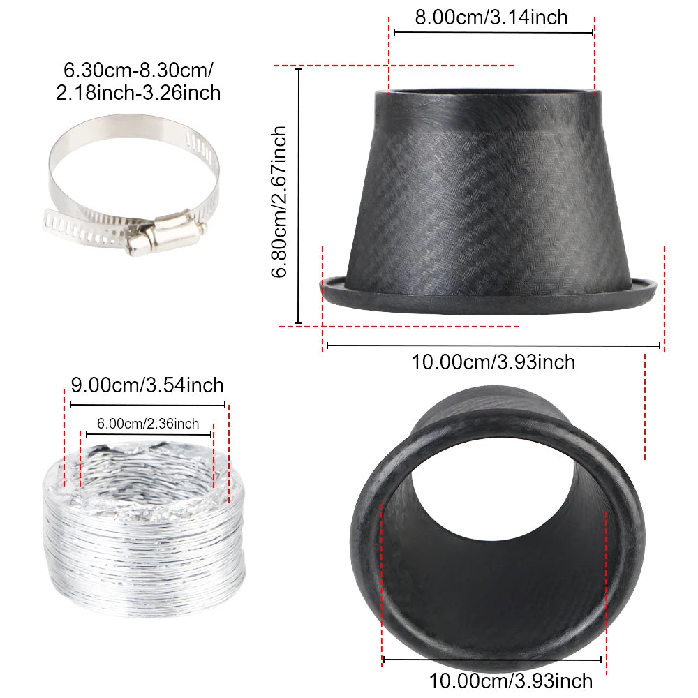 Car Air Intake Funnel Pipe Set – Round & Square Nozzles Universal Air Intake Kit Axl