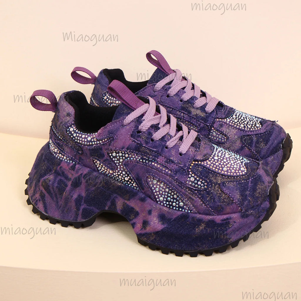 Women's Rhinestone Chunky Platform Sneakers | Denim Canvas Platform Sneakers Axl