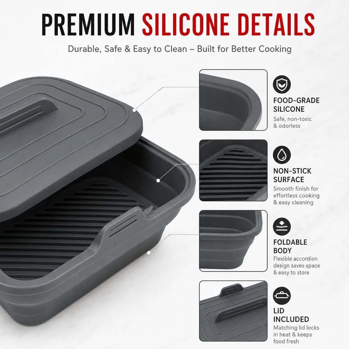 Foldable Silicone Air Fryer Basket with Lid | Reusable Baking Pan Silicone Baking Pan Axl