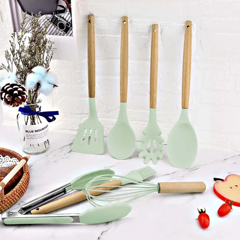 12-Piece Silicone Kitchen Utensil Set – Wooden Handles Silicone Utensil Set Axl