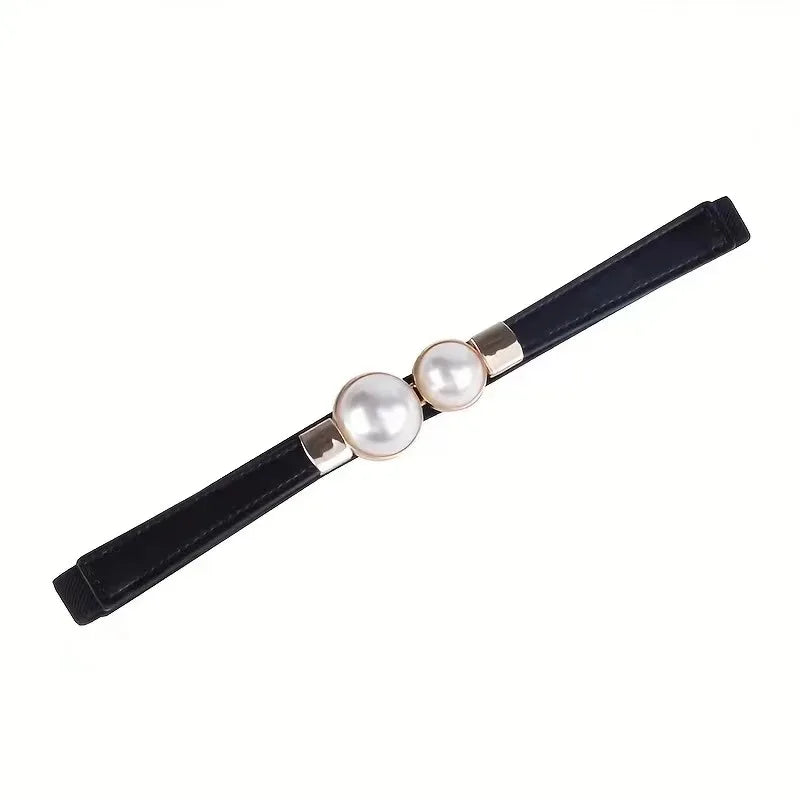 Women's Elastic Pearl Buckle Thin Belt – PU Waist Strap Women's Fashion Belt Axl BLCAK-1PCS