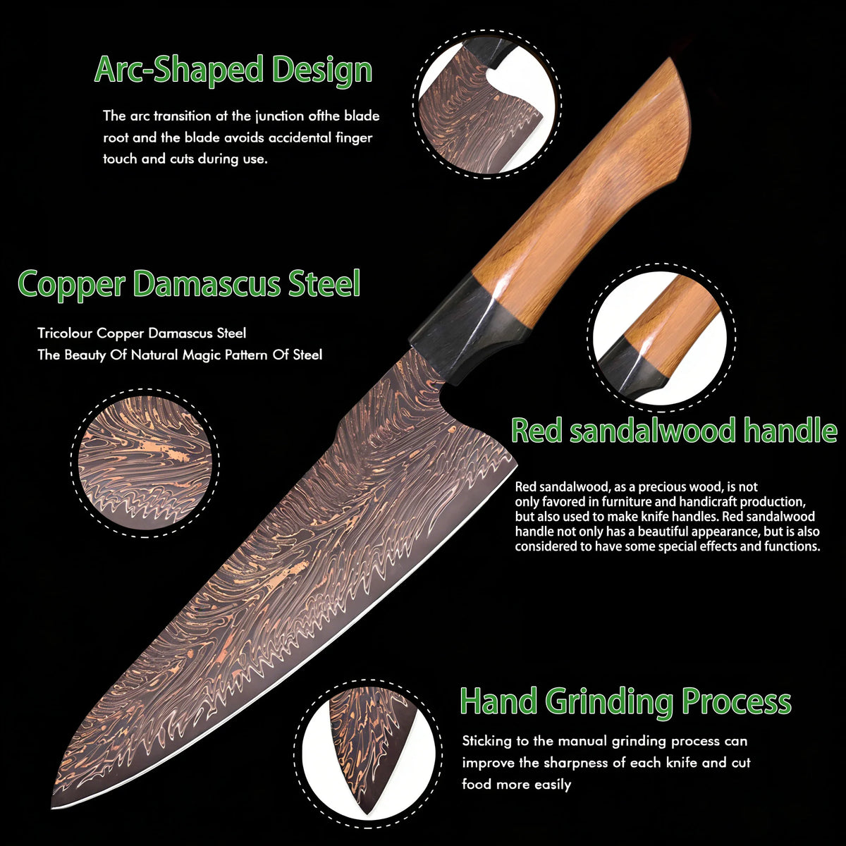 37-Layer Damascus Steel Kirisuke Chef Knife | Tricolor Copper Damascus Chef Knife Axl