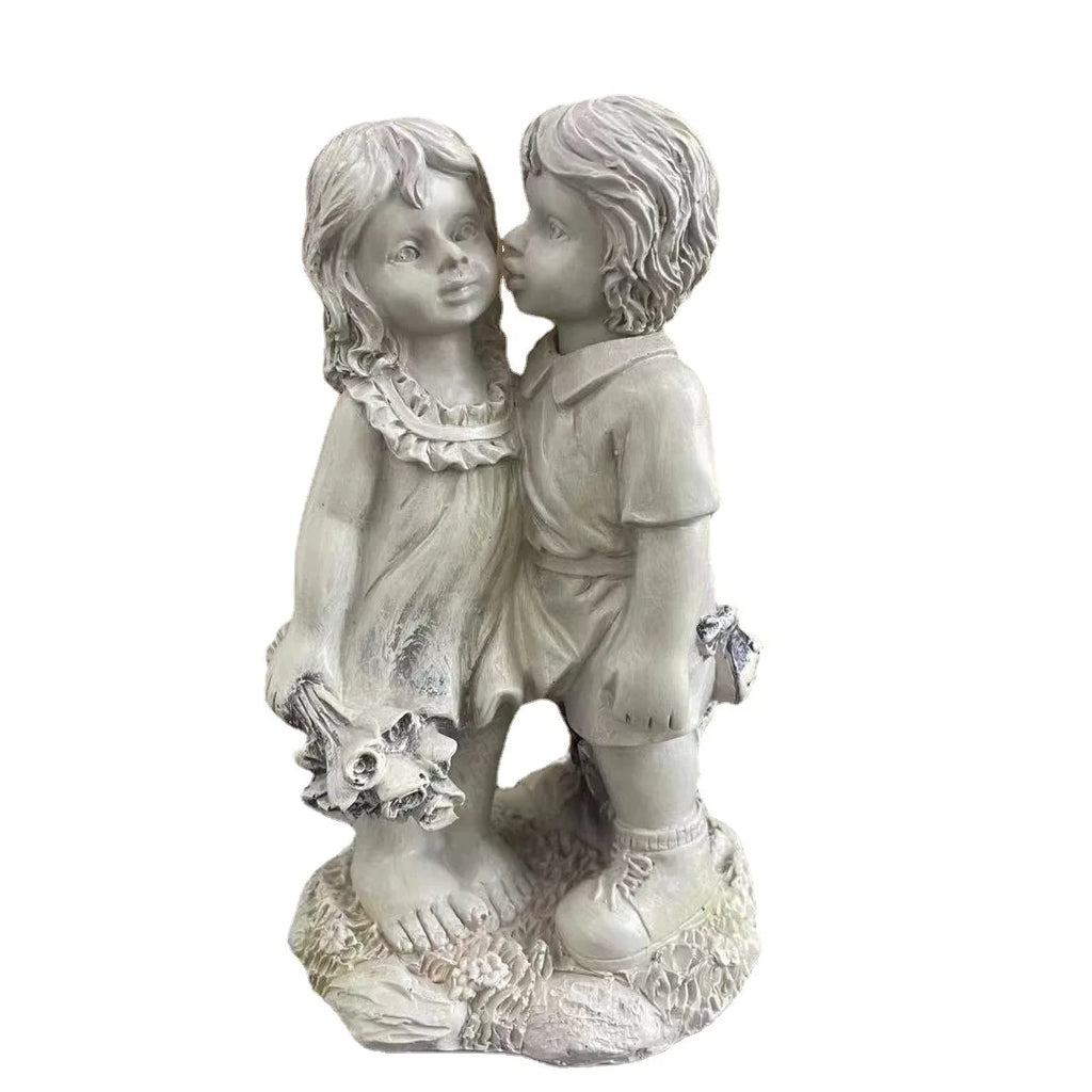 Kids on Bench Kissing Figurine | Resin Fairy Garden Sculpture Decorative Figurine Axl