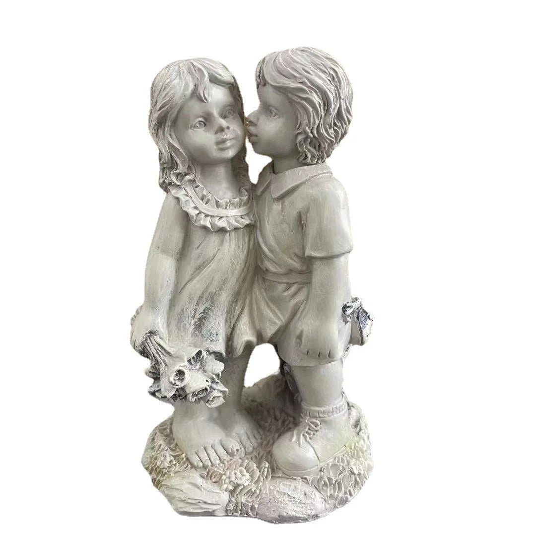 Kids on Bench Kissing Figurine | Resin Fairy Garden Sculpture Decorative Figurine Axl