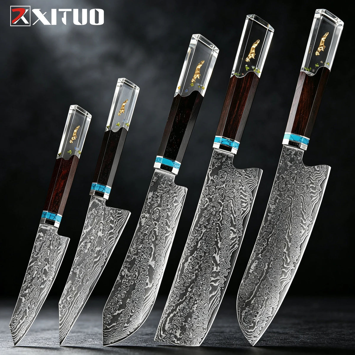 XITUO 8-Pc Damascus Steel Chef Knife Set | Resin Handle Chef Knife Set Axl 5PCS Knife