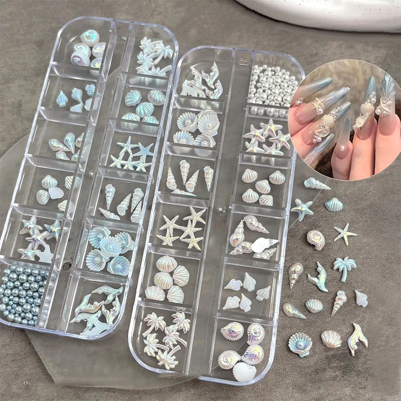 3D Ocean Nail Charms – Shell, Starfish & Mermaid 12-Grid Box Nail Art Charms Axl