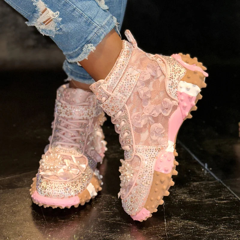 Women's Rhinestone Platform Sneakers | Thick Sole Mesh Shoes Platform Sneakers Axl