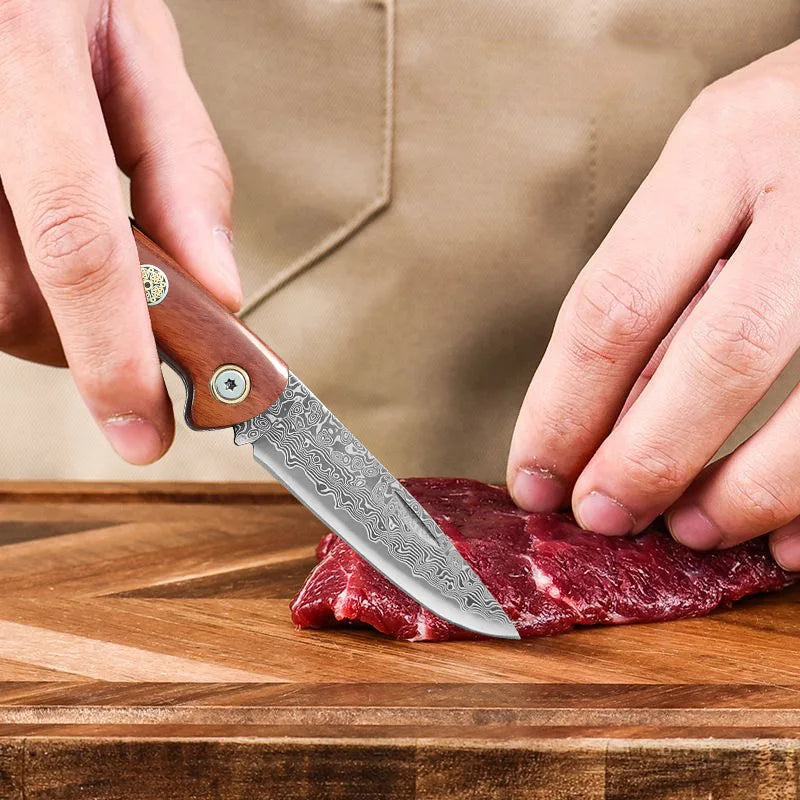 Damascus Steel Folding Knife – Red Sandalwood Handle, 8" Blade Folding Kitchen Knife Axl