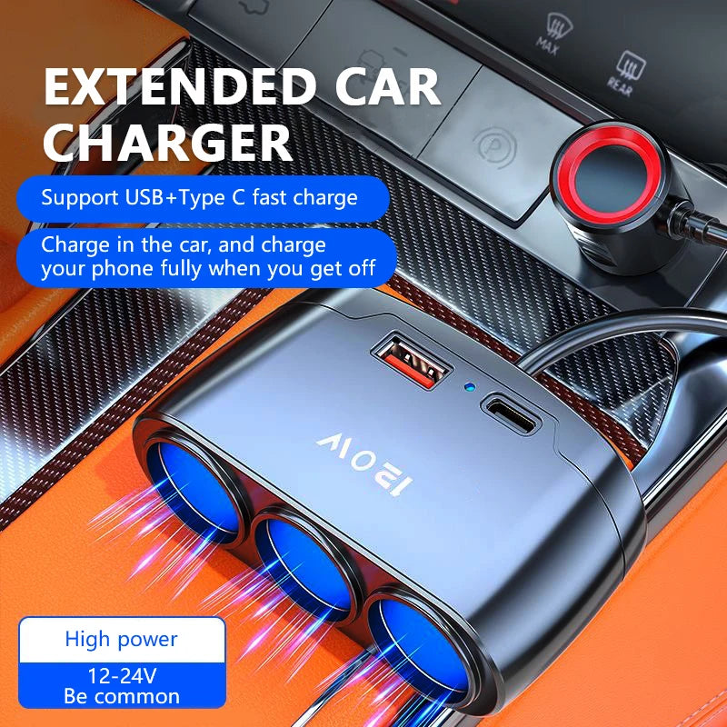 120W Car Charger Adapter – 3-Port USB + PD 12V/24V Universal Car Charger Adapter Axl
