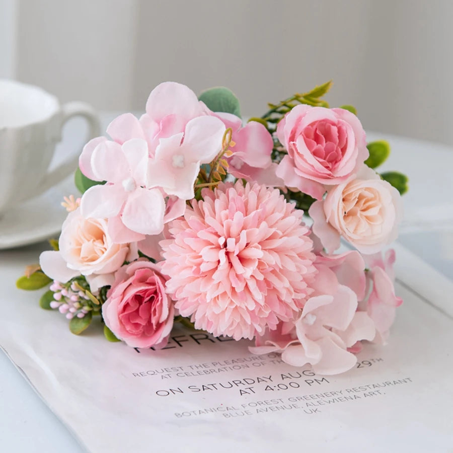 Silk Rose & Chrysanthemum Artificial Bouquet | Wedding Home Decor Artificial Silk Bouquet Axl Pink 3pcs
