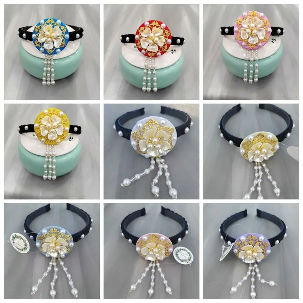 Korean Hanbok Headband – Pearl Tassel Retro Flower Hair Hoop Hair Headband Axl