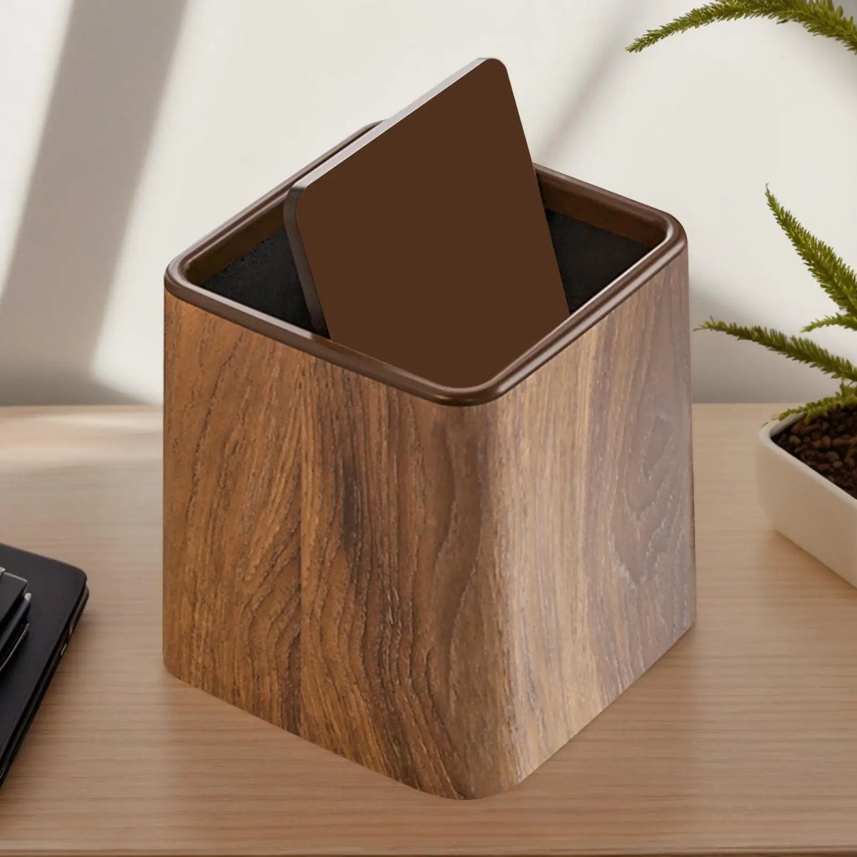 Retro Wood Grain Desk Trash Can with Lid | Small Desktop Bin Desktop Trash Can Axl