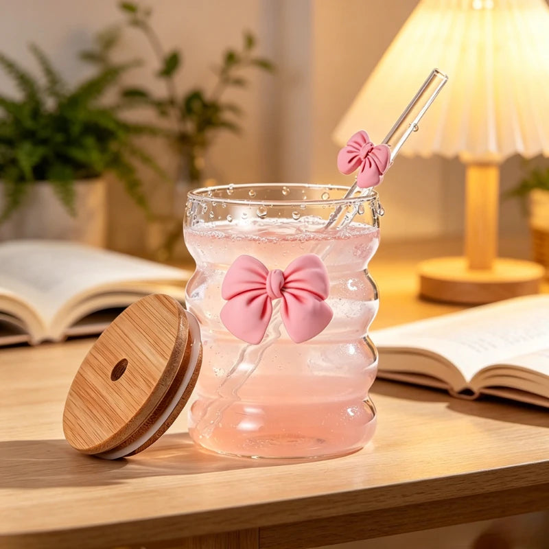 KEMORELA 300ml Butterfly Glass Cup with Lid & Straw Glass Drinkware Cup Axl Pink 300ML