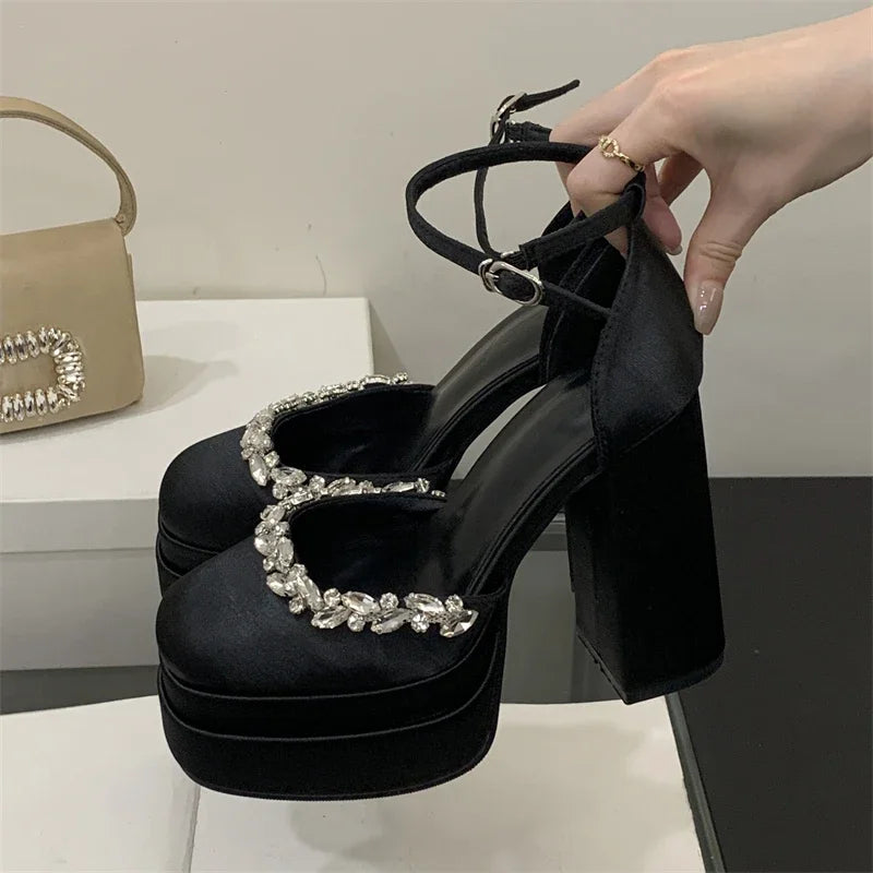 Women's Crystal Diamond Platform Chunky High Heel Pumps Platform Heeled Pumps Axl Black 38