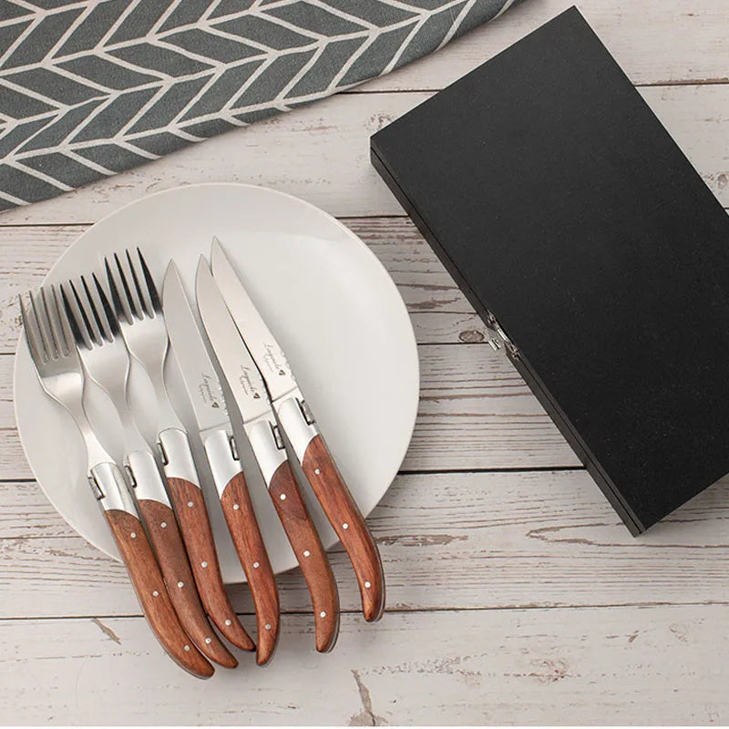Laguiole-Style 6pc Steak Knife & Fork Set – Rosewood Handle Steak Knife Fork Set Axl