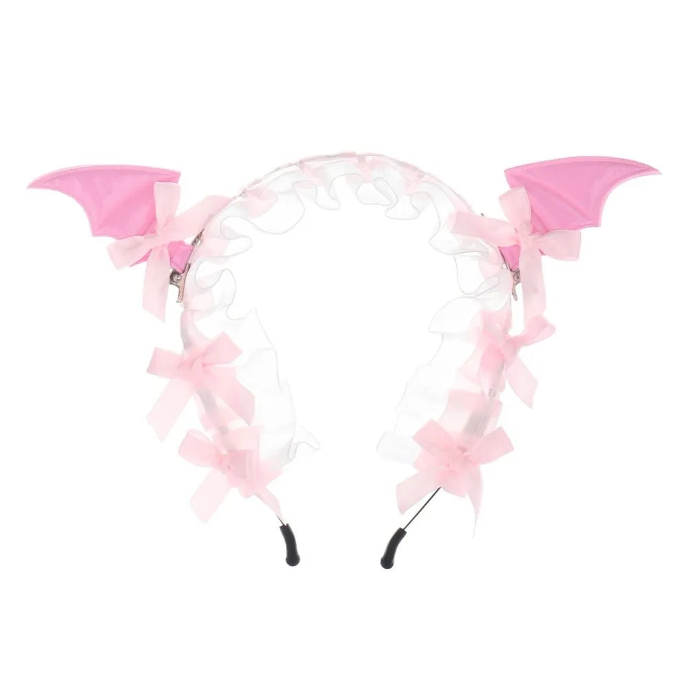 Gothic Bat Ruffle Lace Headband – Punk Bow Cosplay Hair Hoop Gothic Hair Headband Axl Pink