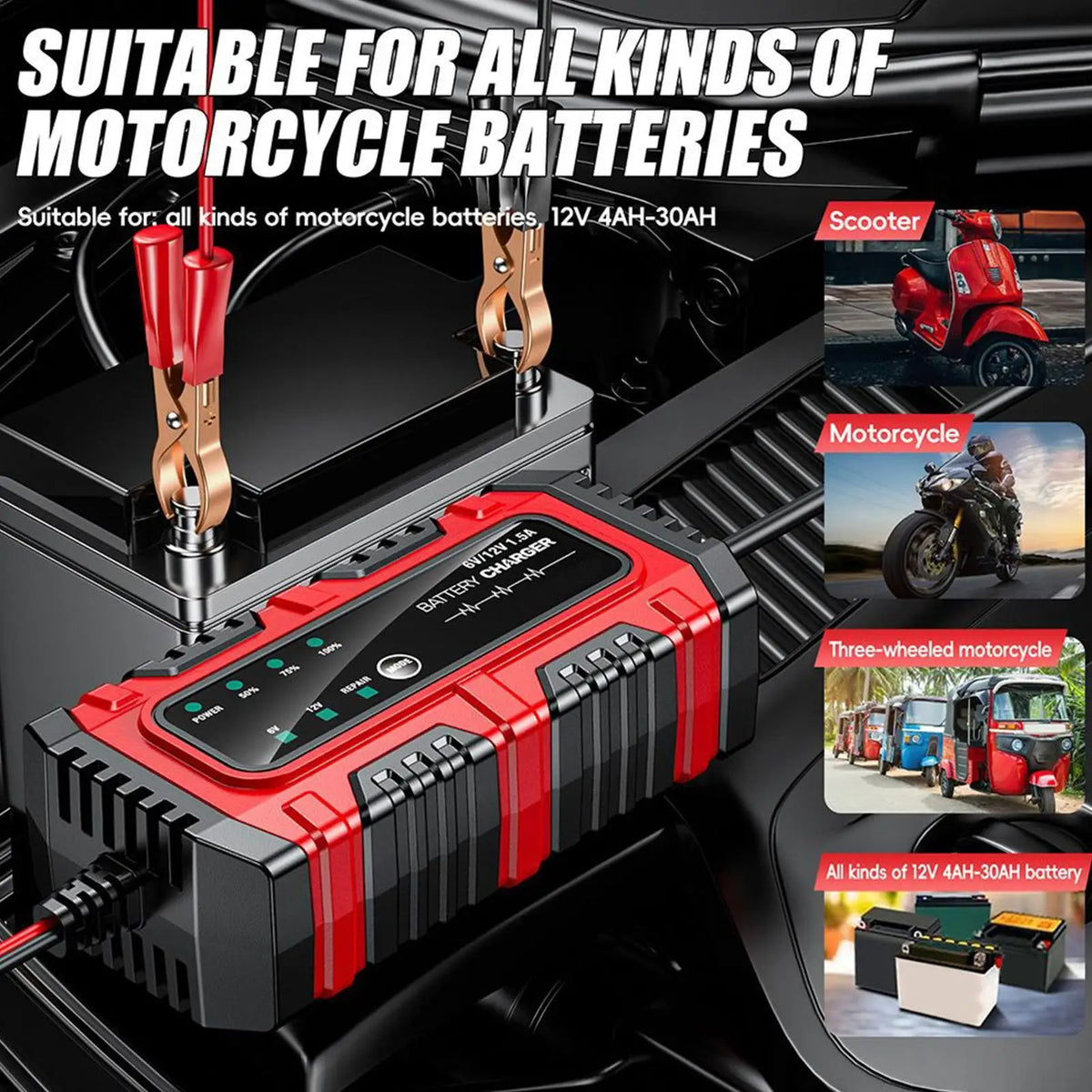 6V 12V Smart Battery Charger & Trickle Maintainer | Car & Motorcycle Battery Charger Maintainer Axl