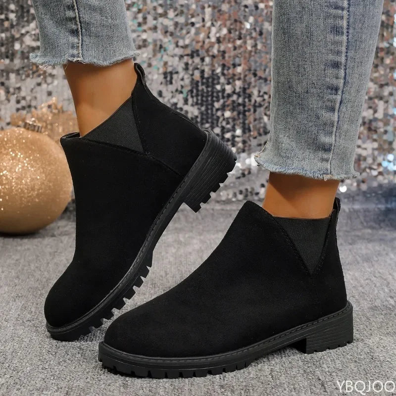Women's Chunky Heel Suede Ankle Boots – Round Toe Slip-On Ankle Boots Axl