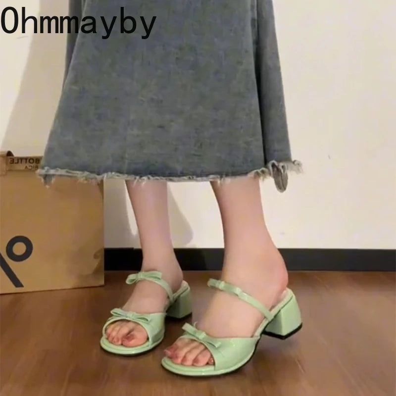 Women's Butterfly-Knot Square Heel Open Toe Dress Slides Dress Heel Slides Axl