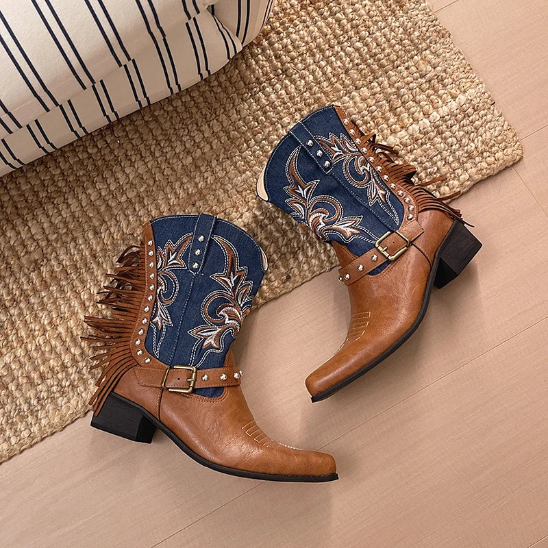 Women's Western Cowboy Boots – Embroidered Studded Block Heel Western Cowboy Boots Axl