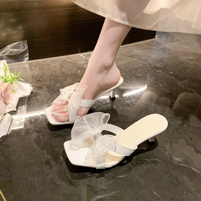 Women's Lace Bow High Heel Slides – Square Toe Summer Sandals High Heel Slides Axl