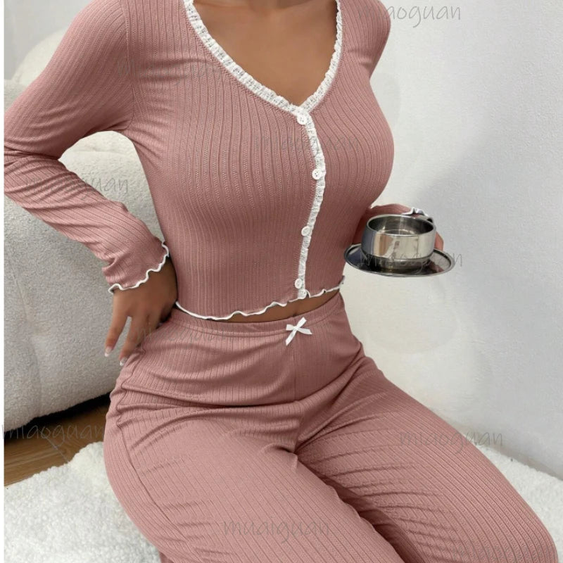 Women's Lace Trim Pajama Set – Long Sleeve Top & Trousers Women's Pajama Set Axl Red beans S
