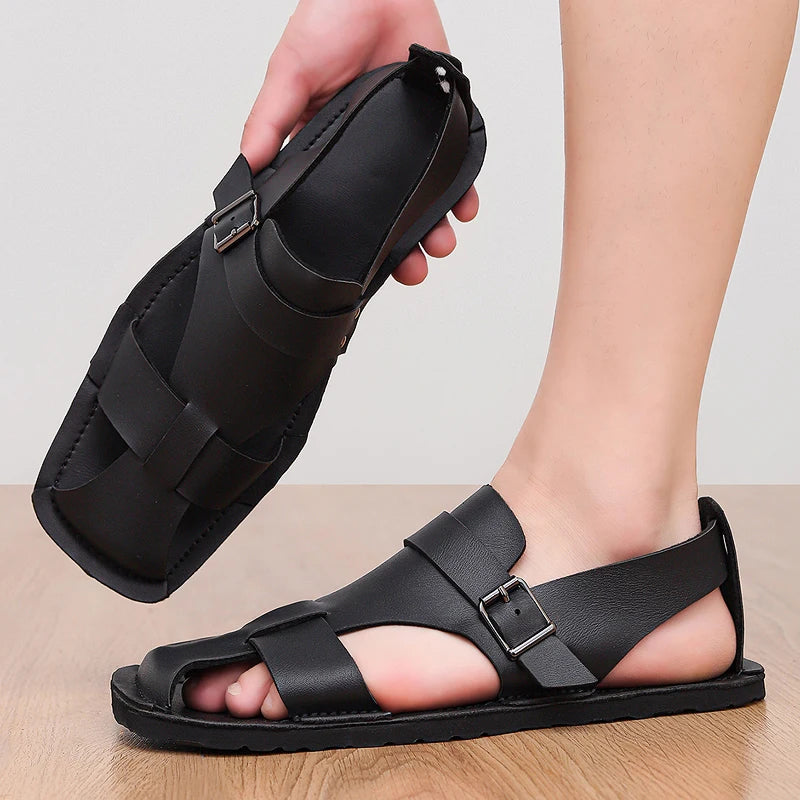 Men's Leather Beach Sandals – Anti-Collision Toe Aqua Shoes Men's Beach Sandals Axl