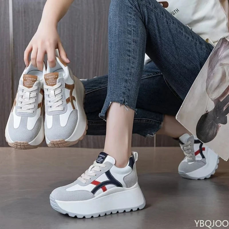 YBQJOO Women's Thick Heel Lace-Up Sneakers | Casual Sport Shoes Women's Sneakers Axl