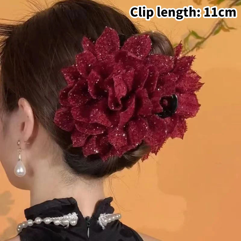Mesh Flower Hair Claw Clip – Women's Shark Ponytail Clip Hair Claw Clip Axl 11CM Wine red