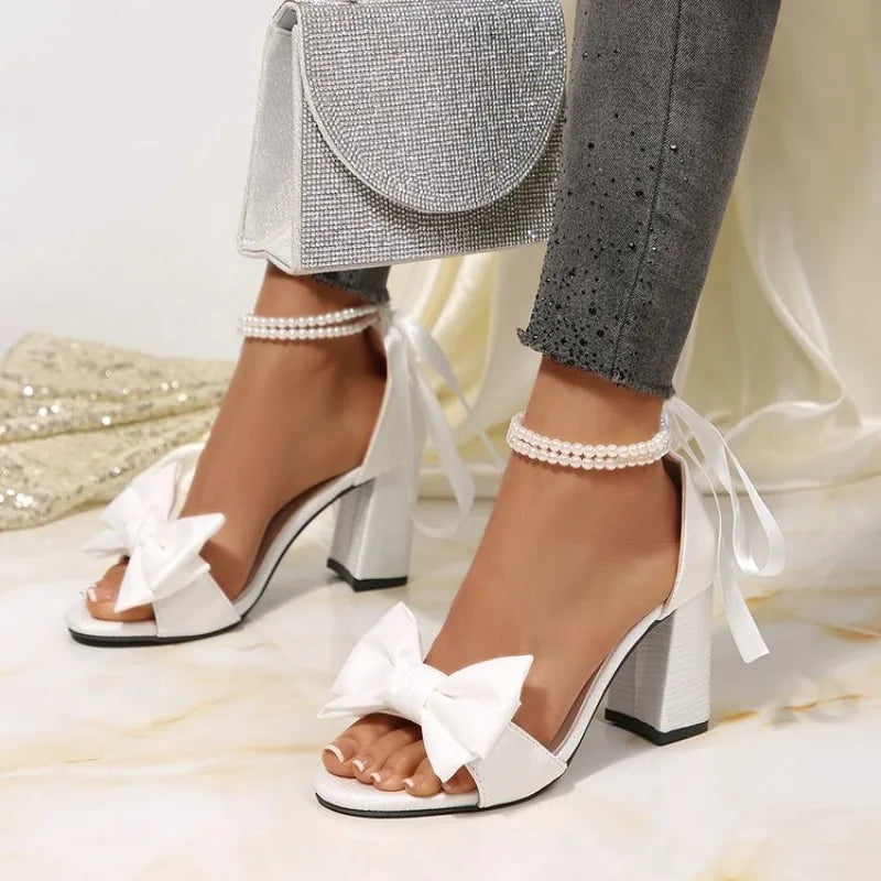 Women's White Pearl Bow High Heel Sandals – Wedding Party High Heel Sandals Axl 36 WHITE