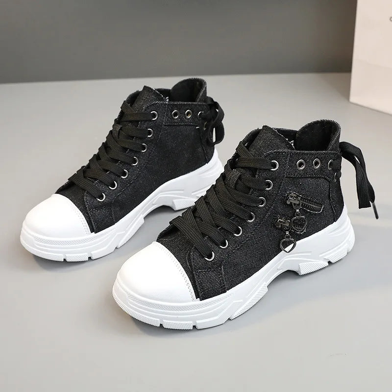 Women's High Top Denim Canvas Platform Sneakers – Lace Up Platform Canvas Sneaker Axl Denim Black 35