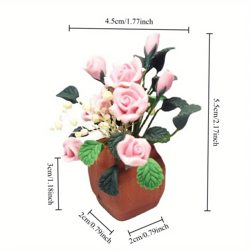 1/12 Scale Mini Clay Rose Potted Plant | Dollhouse Miniature Dollhouse Miniature Axl