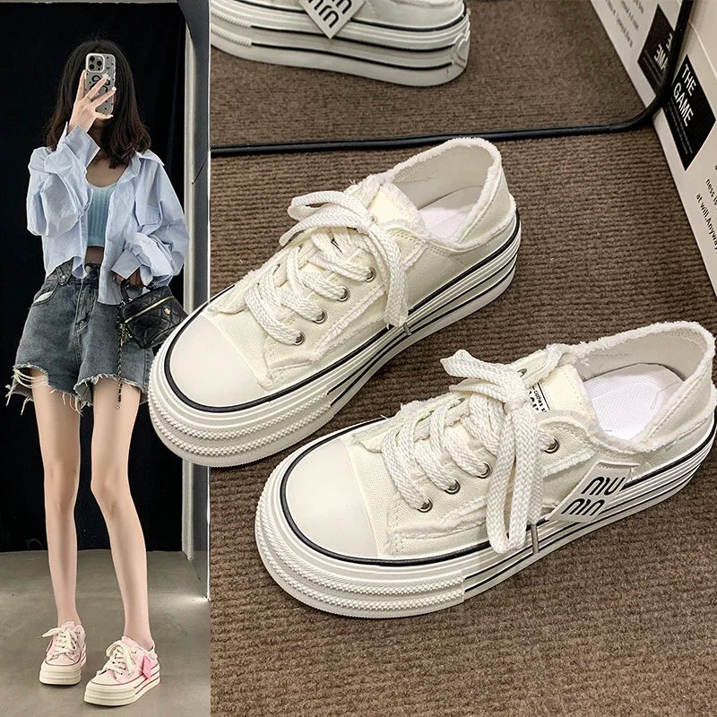 Women's Platform Canvas Sneakers – Casual Lace-Up Half Slipper Platform Canvas Sneakers Axl