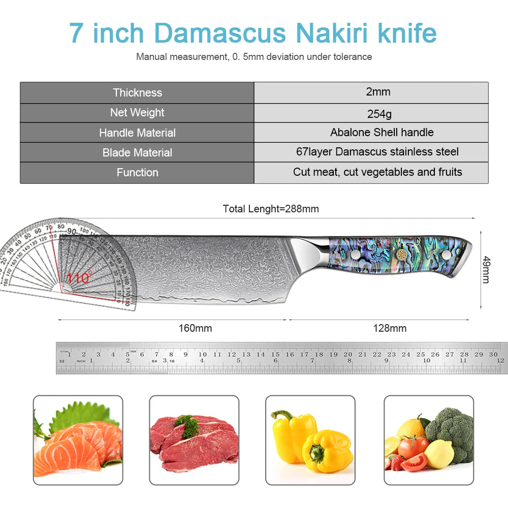 XITUO 7" Nakiri Knife – Damascus Steel & Abalone Handle Nakiri Kitchen Knife Axl