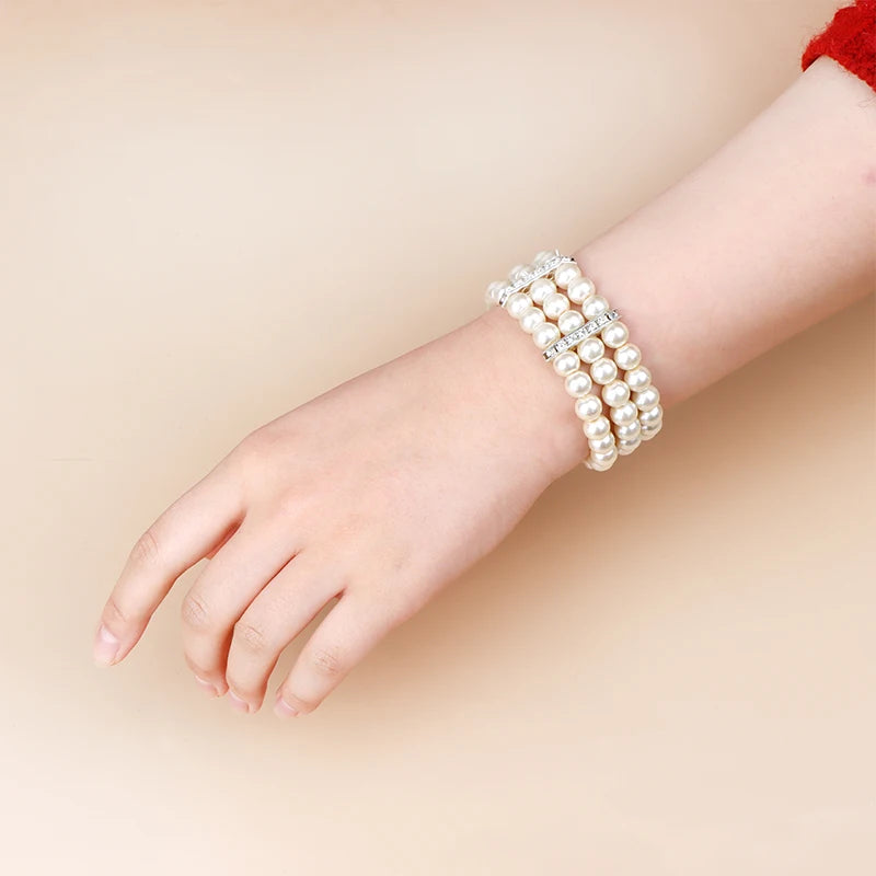3-Row Pearl Rhinestone Stretch Bracelet | Multilayer Bangle Pearl Beaded Bracelet Axl