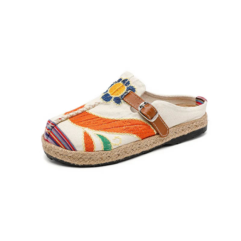 Women's Embroidered Linen Mule Slippers – Flat Ethnic Sandals Mule Slippers Axl Beige 35