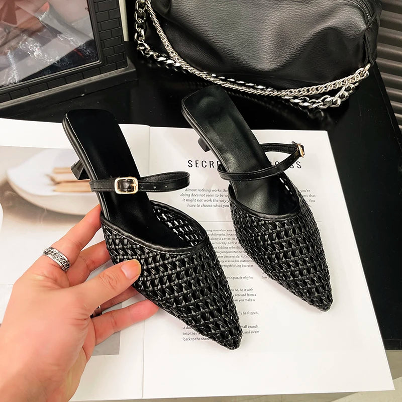 Women's Hollow Weave High Heel Mules – Square Heel Dress Slides High Heel Mules Axl black 40